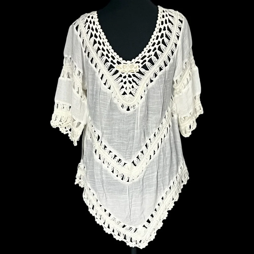 Ivory Crochet‎ Lace Tunic NWT Size S V Neck Boho Beach Cover Up Sharkbite Hem